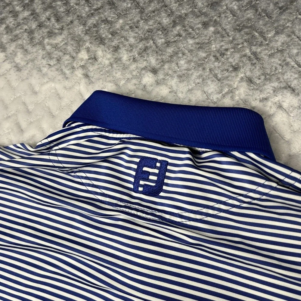 FootJoy FJ‎ Polo Golf Shirt MENS Large Blue White Striped Polyester/Spandex